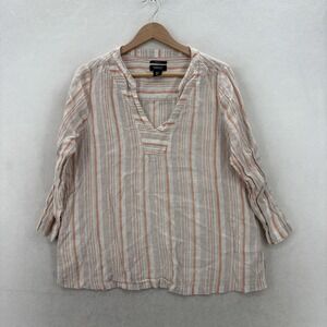 Jones New York Blouse Womens Large Beige Linen Striped V Neck 3/4 Sleeve Tunic